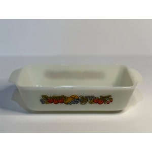 VTG Anchor Hocking Fire-King Oven-Proof White Milk Glass Loaf Pan With Fruit Design
