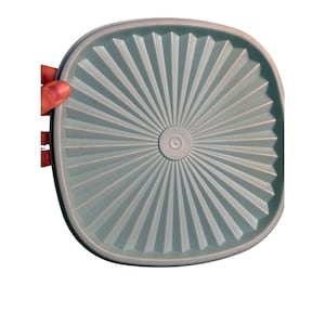 May include: A light blue plastic lid with a fan-like design radiating from the center. The lid has a square shape with rounded corners and a raised edge. The lid is being held by a hand.