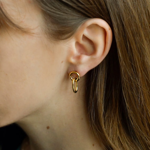 Gold Chain Link Hoop Dangle Earrings Handmade Minimalist Stainless Steel Stud Earrings