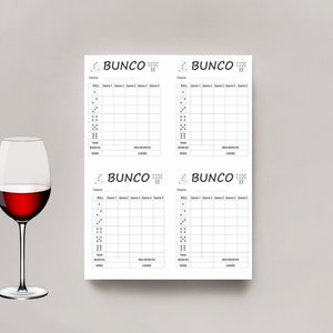 Bunco Scoresheet Digital Download 4 auf eine Seite PNG und PDF Score Sheets.