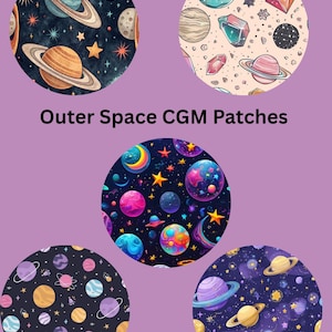 May include: Circular patches with outer space designs. The patches feature planets, stars, and galaxies in vibrant colors. The text "Outer Space CGM Patches" is displayed on a purple background.