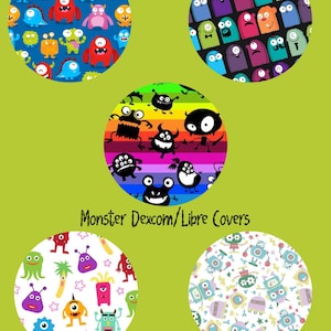 May include: Five different circular designs featuring colorful cartoon monsters. The designs are for Dexcom/Libre covers. The text "Monster Dexcom/Libre Covers" is displayed below the designs.