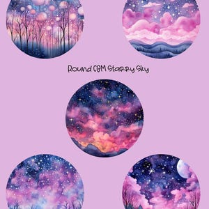 May include: Five round watercolor paintings of starry night skies in shades of blue, purple, and pink. Each painting features a unique landscape with trees, clouds, and stars. The text "Round CGM Starry Sky" is below the paintings.