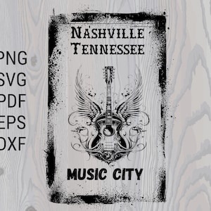Ciudad musical de Nashville, Tennessee Guitarra con alas. SVG, PNG, EPS, DXF, PDF, descarga digital instantánea