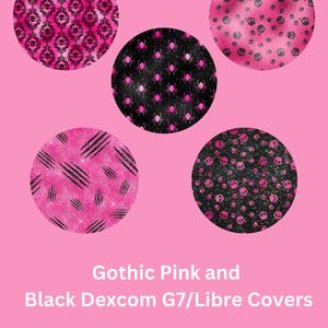 May include: Five different designs for a Dexcom G7 or Libre continuous glucose monitor cover. The designs feature a gothic pink and black color scheme with skulls, spiders, and stripes.