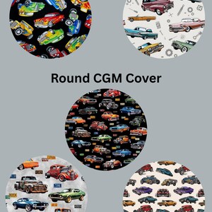 May include: Round CGM cover featuring five circular designs with classic car illustrations. Each circle showcases a different pattern of vintage vehicles in various colors, set against black and cream backgrounds. The text "Round CGM Cover" is centered.