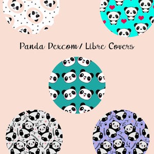 May include: Five different designs for Dexcom or Libre covers featuring cute panda bears. The designs include a white background with black panda bears and pink hearts, a turquoise background with black panda bears and red hearts, a turquoise background with black panda bear faces, a white background with black panda bears and black leaves, and a purple background with black panda bears and black leaves.