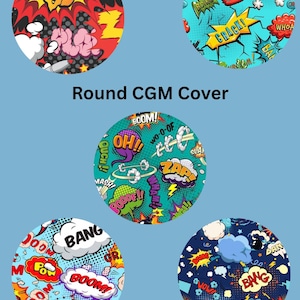 May include: Five round CGM covers with comic book style graphics. Each cover features bold colors, speech bubbles with words like "BOOM," "POW," and "ZAP," and dynamic illustrations. The text "Round CGM Cover" is displayed in the center.