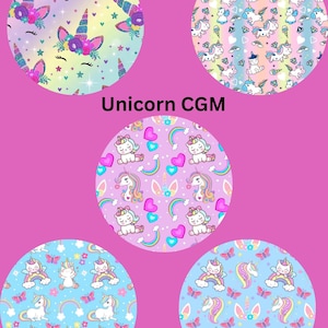 May include: Five circular patterns featuring unicorn designs on a pink background. The patterns include unicorns with floral crowns, diamonds, hearts, rainbows, and butterflies in pastel colors. The text Unicorn CGM is centered in the middle.