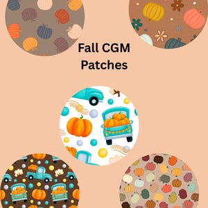 May include: A collection of circular patches with fall-themed designs. The patches feature pumpkins, trucks carrying pumpkins, and floral patterns in shades of orange, brown, and teal. Text on the image reads "Fall CGM Patches".