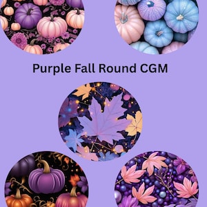 May include: A digital art composition featuring five circular designs with a purple fall theme. The designs showcase pumpkins in various colors, including purple, orange, and pink, along with fall foliage. The text "Purple Fall Round CGM" is displayed.