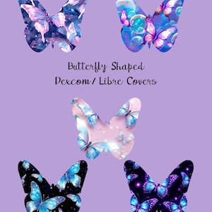 May include: Four butterfly-shaped designs for Dexcom or Libre covers. The designs feature different color combinations of blue, pink, and purple butterflies on a variety of backgrounds.