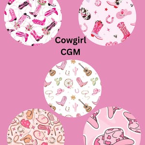 May include: A pink background features five circular designs with cowgirl-themed patterns. The designs include cowboy boots, hats, horseshoes, guitars, and cacti. The text "Cowgirl CGM" is in the center.