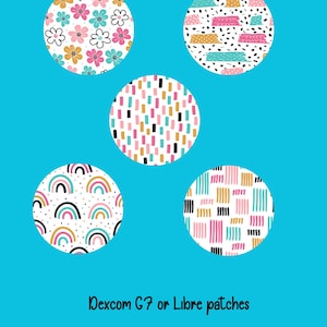 May include: Four colorful round patches with different patterns. The patterns include flowers, stripes, rainbows, and abstract shapes. The text "Dexcom G7 or Libre patches" is at the bottom of the image.