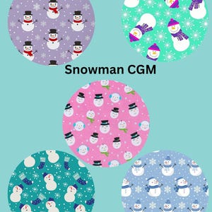 May include: Five circular designs featuring snowman patterns. The designs include snowmen with top hats, scarves, and snowflakes on purple, teal, pink, and blue backgrounds. The text "Snowman CGM" is in the center.