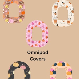 May include: Omnipod covers with various patterns, including pumpkins, footballs, ghosts, and fall leaves. The covers are in the shape of the letter "O" with a cutout in the center. The text "Omnipod Covers" is displayed below the covers.