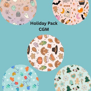 May include: A Holiday Pack CGM collection featuring five circular patterns. Designs include Halloween ghosts, pumpkins, and bats; spooky icons; Thanksgiving turkeys, corn, and pie; winter mittens with snowflakes; and Christmas gingerbread cookies.