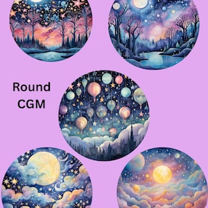May include: Five circular graphic designs labeled Round CGM. The top left shows a moonlit forest, top right a starry night landscape, center a city with hot air balloons, bottom left a swirling moon and clouds, and bottom right a sunset sky.