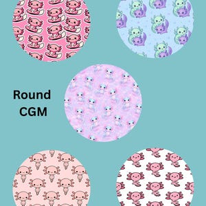 May include: Five circular stickers featuring axolotl patterns. The top left is pink with pink axolotls, top right is light blue with green and purple axolotls, center is lavender with light blue axolotls, bottom left is pale pink, bottom right is white.
