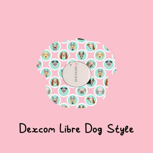May include: A white round sticker with a blue background and a pattern of various dog breeds. The sticker has a small white circle with the text "dexcom.com" in black. The sticker is designed to fit a Dexcom Libre continuous glucose monitor.