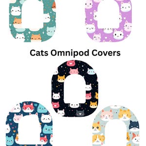 May include: A collection of Omnipod covers featuring various cat designs. The covers are in different colors, including teal, purple, navy, and light blue, each adorned with cartoon cat faces. The text "Cats Omnipod Covers" is displayed below the covers.
