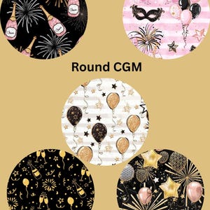May include: A collection of five round designs with celebratory themes. The designs feature champagne bottles, fireworks, balloons, stars, and masquerade masks in black, gold, pink, and white. The text "Round CGM" is in the center.
