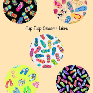 May include: A collection of circular designs featuring colorful flip-flops. The flip-flops have various patterns, including stripes, floral, and geometric designs. The text "flip flop Dexcom/ Libre" is also present.