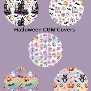 May include: A collection of five circular Halloween CGM covers with various spooky designs. The designs include haunted houses, ghosts, pumpkins, bats, and floral skulls. The text "Halloween CGM Covers" is displayed in black.
