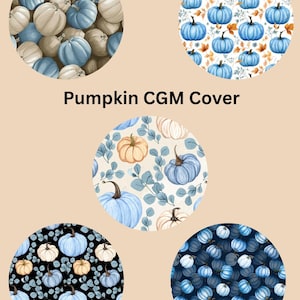 May include: Five circular patterns featuring pumpkin illustrations. The top left shows blue and beige pumpkins. The top right displays blue pumpkins with orange leaves. The center shows blue and beige pumpkins with eucalyptus. The bottom patterns feature blue and beige pumpkins on black and dark blue backgrounds. Text reads Pumpkin CGM Cover.