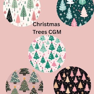 May include: A collection of five circular designs featuring Christmas trees in various styles and colors. The designs include trees in shades of green, pink, and white, set against backgrounds of white, dark teal, and black. The text "Christmas Trees CGM" is centered.