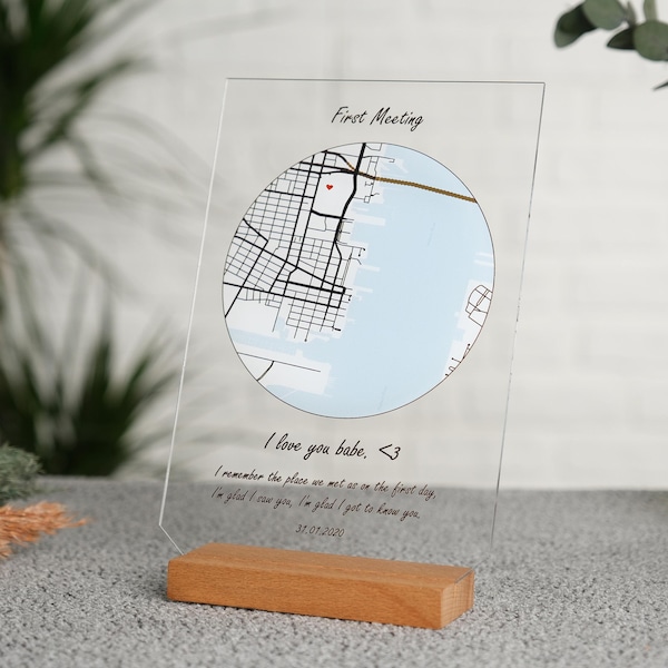 Benutzerdefinierte Jahrestag Standort Karte, erstes Datum Andenken, wo wir trafen Acryl Plaque, Valentinstag Geschenk für Ihn, erster Kuss Standort Plaque