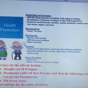 May include: A diagram outlining health risks and screening, immunisations, psychosocial factors, nutrition, and injury prevention for elderly individuals. It also lists vaccines for the elderly, including shingles, pneumonia, and flu. The text includes the phrase "Interventions for the safety of elderly".