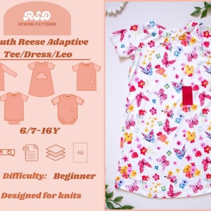 May include: A white youth dress with a colorful butterfly and floral pattern. The dress has short sleeves and a red pocket. The image also shows a sewing pattern with illustrations of different garment styles, including tees, dresses, and a bodysuit. The pattern is designed for knit fabrics and is suitable for beginners.