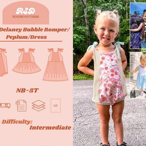 May include: A sewing pattern for a baby romper, peplum, or dress. The pattern is called "Baby Delaney Bubble Romper/Peplum/Dress" and is available in sizes NB-5T. The pattern is rated as intermediate difficulty.