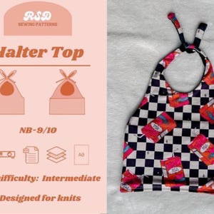 May include: A halter top with a black and white checkered pattern and a repeating graphic of a juice box. The top has a tie-up halter neck and is designed for knits. The image also includes a sewing pattern graphic with the text "Halter Top".