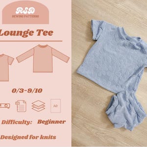 May include: A light blue lounge tee and shorts set with a floral pattern, displayed on a wooden surface. The image also includes a sewing pattern design with the text "Lounge Tee", "0/3-9/10", and "Difficulty: Beginner".