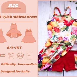 May include: Youth Vylah Athletic Dress with a colorful floral print top and red shorts. The dress features a design for knit fabrics and is suitable for ages 6-16 years. The difficulty level is intermediate.