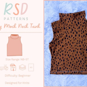 May include: A brown and black patterned baby mock neck tank top. The tank top has a high collar and a sleeveless design. The image also includes a graphic with the text "RSD PATTERNS Baby Mock Neck Tank" and "Size Range: NB-5T".