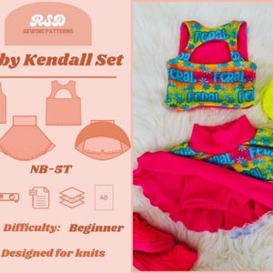 Könnte beinhalten: Baby-Kleidungsset mit einem rosa Oberteil und Rock mit Muster. Das Oberteil hat einen Schlüsselloch-Rücken und der Rock einen Rüschensaum. Der Text "Fepal" ist auf Oberteil und Rock gedruckt. Entworfen für Strickwaren, für Anfänger geeignet.