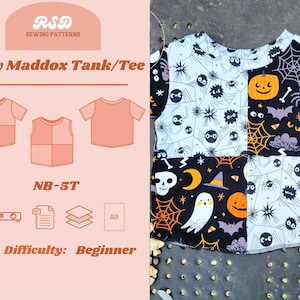 May include: A short-sleeve shirt featuring a patchwork design of Halloween-themed fabric. The pattern includes ghosts, pumpkins, bats, skulls, spiders, and webs in black, white, and orange. The left side of the image displays text: RSD Sewing Patterns, Baby Maddox Tank/Tee, NB-5T, and Difficulty: Beginner.