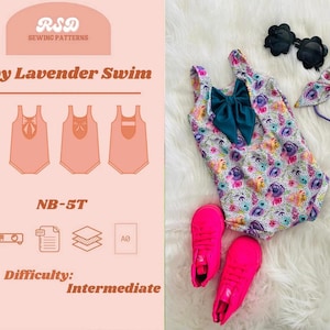 May include: A sewing pattern for a baby swimsuit labeled Baby Lavender Swim, featuring a floral one-piece swimsuit with a teal bow, a matching floral hair bow, and black flower-shaped sunglasses, alongside a pair of bright pink sneakers.