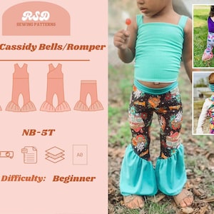 May include: A sewing pattern for a baby romper with a bell bottom style. The pattern is called "Baby Cassidy Bells/Romper" and is for sizes NB-5T. The pattern is labeled as beginner difficulty.