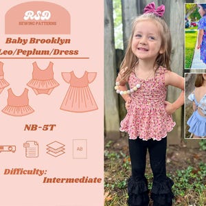 Puede incluir: Un patrón de costura para un vestido de bebé con un peplum y una espalda con abertura. El patrón está disponible en tallas de recién nacido a 5T. El patrón está etiquetado como "Baby Brooklyn Leo/Peplum/Dress" y "Dificultad: Intermedio".