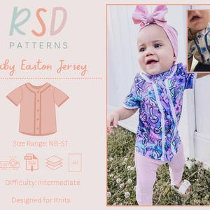 May include: A baby wearing a colorful jersey with a whimsical pattern, paired with pink leggings and white sandals. The jersey has a white trim and button closure. The image also includes a diagram of a pink jersey and the text "Baby Easton Jersey".