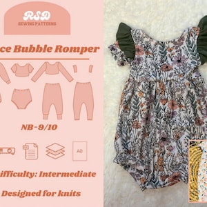 May include: A sewing pattern for a Grace Bubble Romper, size NB-9/10, featuring illustrations of long and short sleeve options, pants, and a romper. The image displays a floral print romper with olive green ruffled sleeves and a small inset photo.