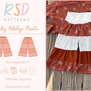 Puede incluir: La imagen muestra un conjunto de bebé, que incluye una camiseta de manga larga y pantalones de pernera ancha. Los pantalones son un diseño de patchwork con tela blanca floral y color óxido. La parte superior y los pantalones tienen un patrón de lazo. El texto de la imagen dice "Baby Adelyn Pants".