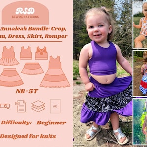 May include: A little girl in a purple crop top and skirt, with silver sandals. The skirt has a black and white patterned panel. The image also shows a sewing pattern with illustrations of baby clothes, including a crop top, dress, skirt, and romper. The text reads "Baby Annaleah Bundle" and "Designed for knits."