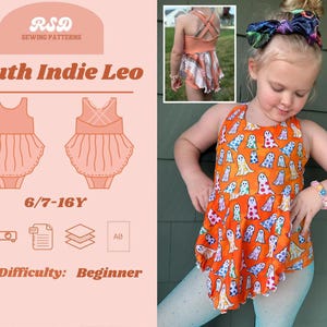 May include: A sewing pattern for a youth indie leo, with a pink and white color scheme. The pattern is for sizes 6/7-16Y and is labeled as beginner difficulty. The pattern includes a projector, PDF file, and layers. The image also shows a child wearing a completed leo with a ghost print.