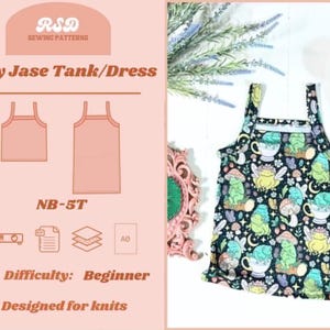 May include: A black baby tank top with a whimsical print of frogs, mushrooms, and teacups. The tank top is designed for knit fabrics and is available in sizes NB-5T. The difficulty level is beginner.