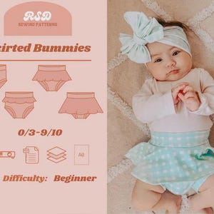 May include: A baby wearing a white long-sleeved shirt, a mint green and white polka dot skirted diaper cover, and a matching headband with a large bow. The image also shows a sewing pattern for skirted bummies with the text "RSD Sewing Patterns" and "Difficulty: Beginner".